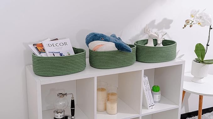 Shelf Storage Baskets for Organizing|Decorative Basket for Closet Storage|Toy Baskets&Bins|Small Woven Rope Baskets-13x8.66x5.11’’,Durable&Stylish,Oval 3 Packs Green