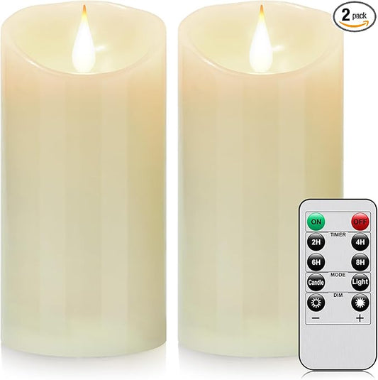 Flameless Battery Operated LED Candles 3D Wick with10key Button Remote Control 24-Hour Timer Set of 2 Electric Flickering Pillar Real Wax，Wedding, Party, Home Decoration