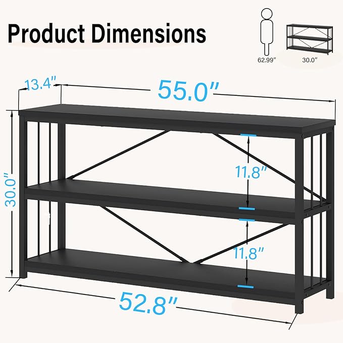 LVB Black Console Table, Modern Entryway Table for Hallway Living Room, Industrial Sofa Table Behind Couch, Farmhouse Wooden Metal Entry Table for Foyer with 3-Tier Storage Shelves, Black Oak, 55 Inch