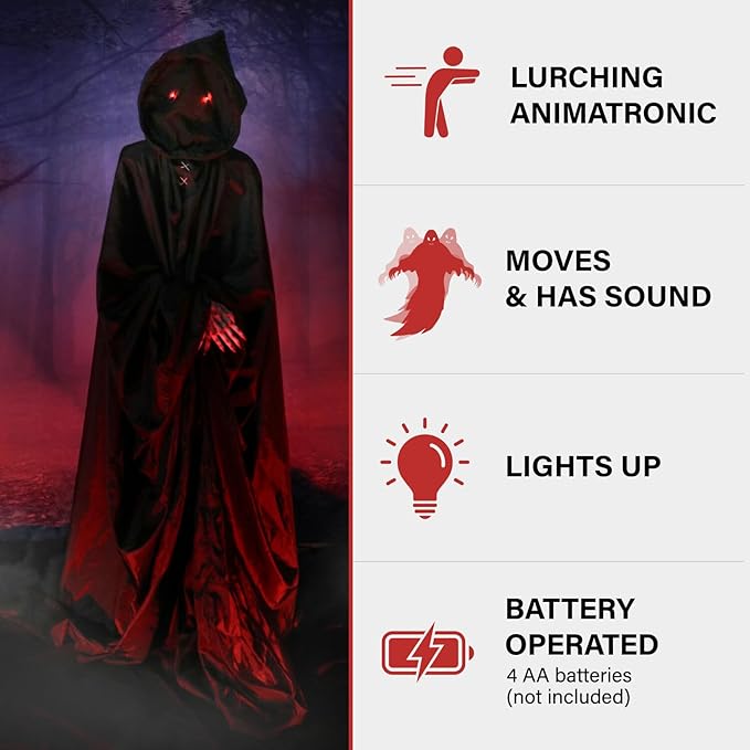 Haunted Hill Farm Motion-Activated Lurching Demon Reaper by Tekky, Lunging Scare Prop Halloween Animatronic for Indoor or Covered Outdoor Creepy Halloween Decorations, Plug-in or Battery Operated