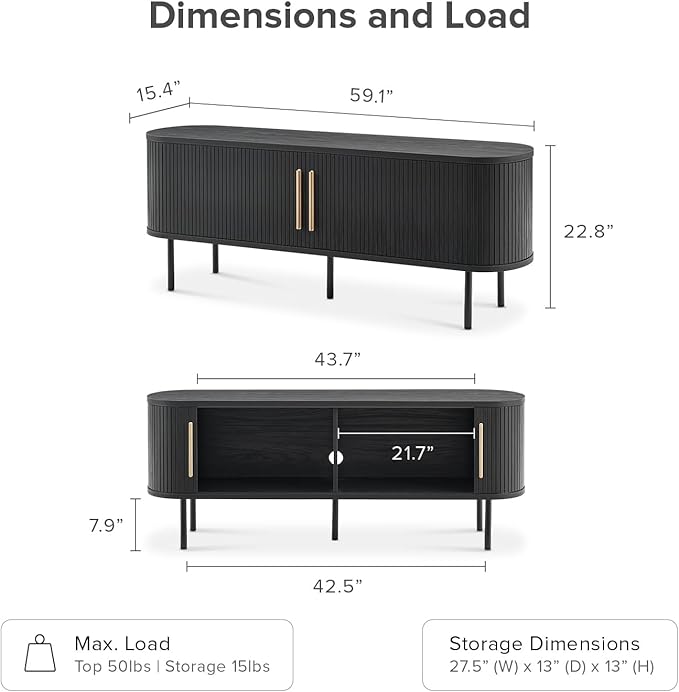 mopio Quin TV Stand, Mid Century Modern for 55/60/65 inch TV, Farmhouse TV Stand, Entertainment Center with Storage, TV and Media Console for Living Room (Black, 59" Tambour)