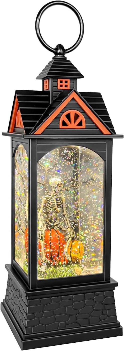 Halloween Snow Globe Lantern, Spooky Ghost Halloween Decor, Plug-in & Battery Operated Snow Globes for Halloween Decorations Indoor