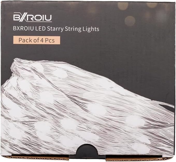 4 x Fairy Lights Battery Operated, Silver Wire Chains 8 Mode 5M 50 LEDs Timer String Lights with Remote Control for Bedroom Christmas Party Wedding Decoration