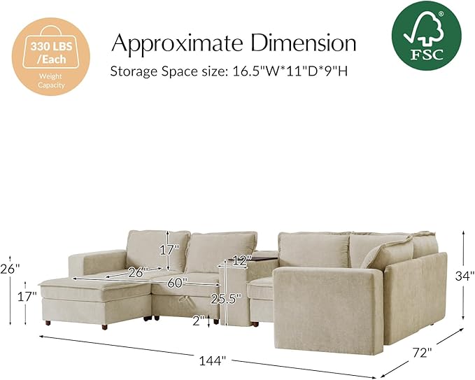 HULALA HOME Modular Sectional Sofa with USB Port and Console, 6 Seater Sofa with Storage Ottoman, Oversized U Shaped Couches for Living Room, FSC Certified, Beige