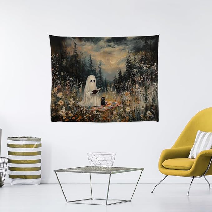 Halloween Ghost and Black Cat Tapestry Wall Hanging Spooky Ghos Reading Book in Wildflowers Wall Decor Halloween Witchy Room Aesthetic Tapestries for Goth Living Room Bedroom Decoration 70x90inch