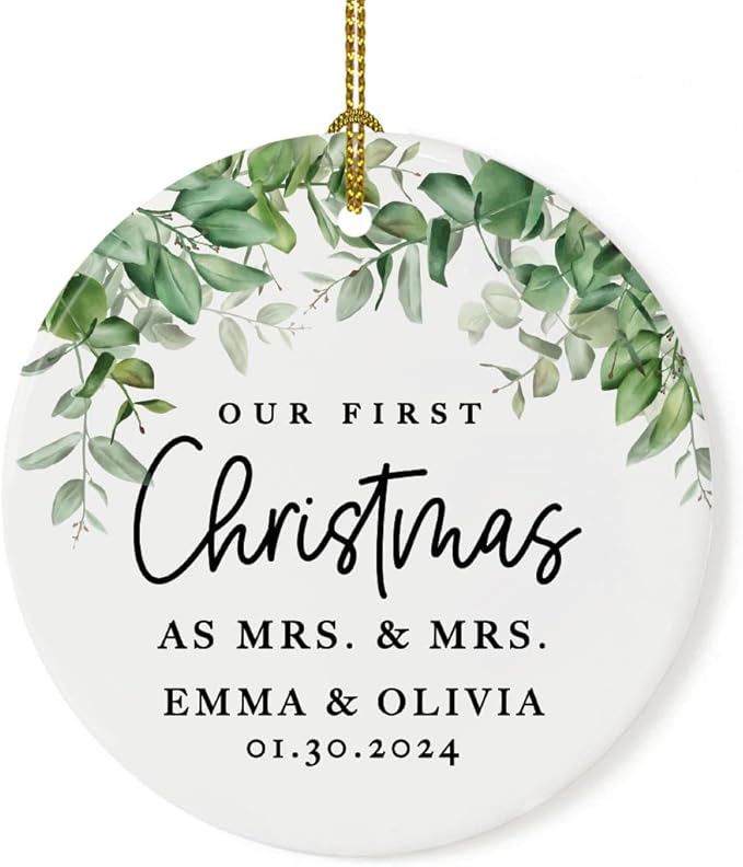 Andaz Press Personalized Our First Christmas As Mrs. & Mrs. 2025 Christmas Ornaments Greenery 2.8" Round Porcelain Ceramic Lesbian Married Couple Gay Women Newlyweds Hers Wedding Keepsake 1-Pack