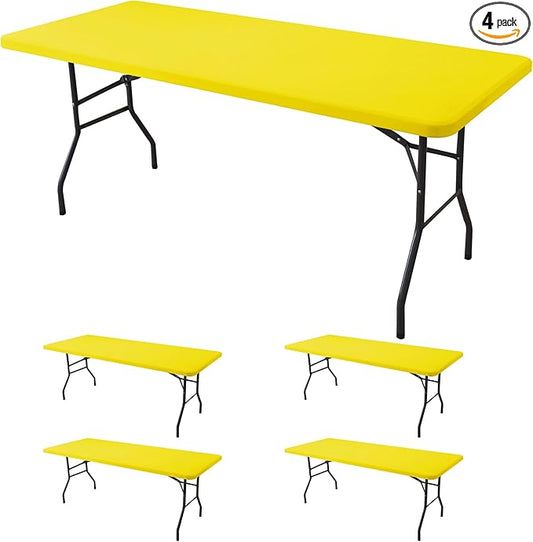 Fitted Tablecloth for 6 Foot Rectangle Tables-4 Pack Yellow Elastic Outdoor Picnic Table Cover-Spandex Stretch Folding Table Cloths 6 ft for Camping Dining Room Patio Kitchen Banquet Party