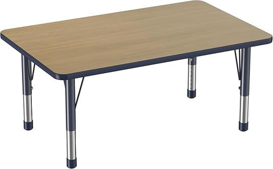 FDP Rectangle (30 x 48 inch) Classroom Table with Adjustable Chunky Toddler Legs (15-24 in); Preschool, Kinder and Daycare Furniture - Pasadena Oak Top/Navy Edge and Legs