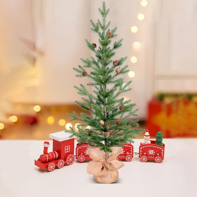 3FT Tabletop Artificial Christmas Tree, 209 Realistic PE Branches, Pine Cone Decorations, Unlit, Cement Base Wrapped in Burlap, Green