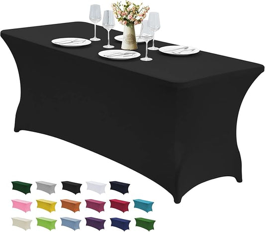 CWK 4FT Waterproof Stretch Spandex Table Cover for Rectangular Tables - Elastic Fitted Tablecloth for Folding Tables,Wrinkle Resistant Table Cloth for Parties, Weddings, Banquets & Events (Black)