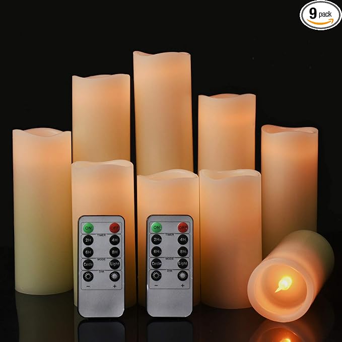 Flameless Battery Operated Led Candles-Set of 9(H 4" 5" 6" 7" 8" 9" x D 2.2") Real Wax Flickering Pillar LED Electric Candles with 10-Key Remote and 24 Hours Timer Ivory