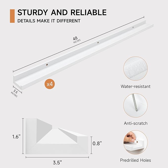 Picture Ledge Shelf for Wall, Floating Shelves Set of 4, 48 Inch Long Nursery Book Shelves for Toys Storage, Kids Bookshelf Wall Mounted for Books Photo Frames, White