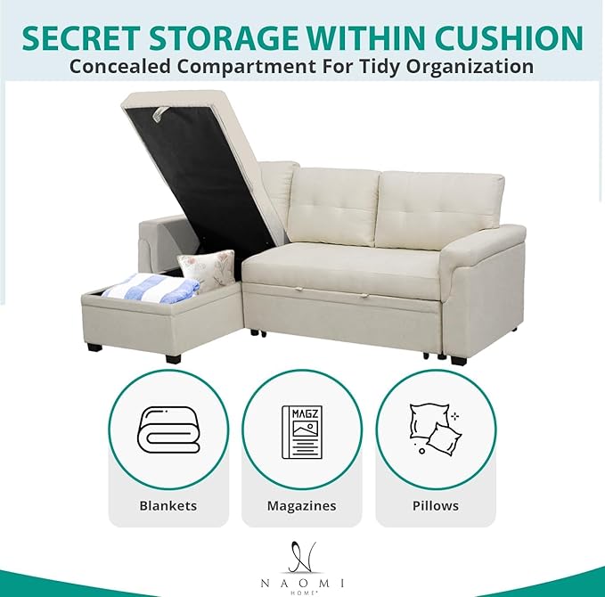 Naomi Home L-Shaped Reversible Sectional Sofa with Pull-Out Sleeper Bed and Storage Chaise, Cream Velvet