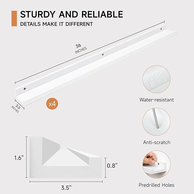 Picture Ledge Shelf for Wall, Floating Shelves Set of 4, 36 Inch Long Nursery Book Shelves for Toys Storage, Kids Bookshelf Wall Mounted for Books Photo Frames, White