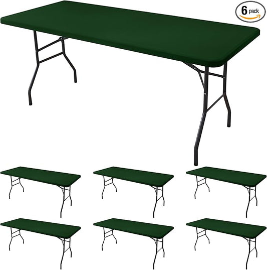 Fitted Tablecloth for 8 Foot Rectangle Tables-6 Pack Hunter Green Elastic Outdoor Picnic Table Cover-Spandex Stretch Folding Table Cloths 8ft for Camping Dining Patio Kitchen Banquet Party