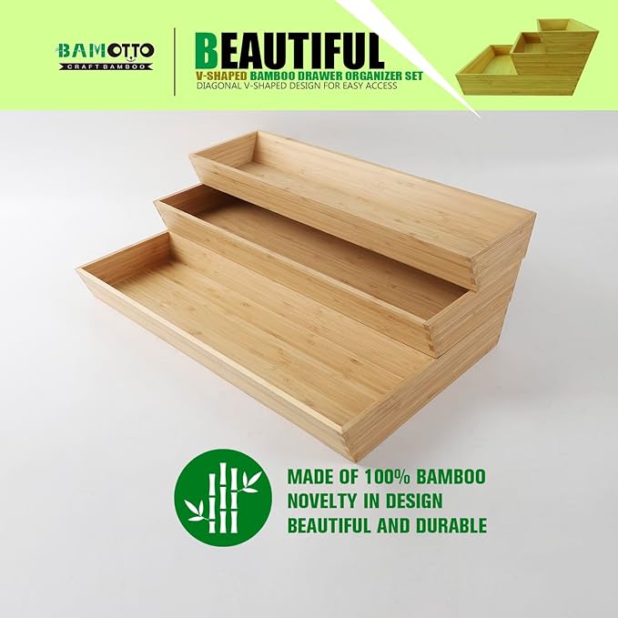 V-Shaped Bamboo Drawer Organizer Set of 3, Kitchen Large and Long Utensil Plate, Flatware & Silverware Storage Box, Wood Drawer Organizer for Bedroom, Living Room (19.6"x5.7" & 7.8" & 12.4")