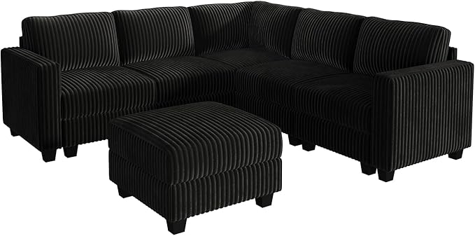 HONBAY Corduroy Modular Sectional Couch with Storage L-Shaped Sectional Couches for Living Room 6 Seater Modular Sectional Sofa, Black