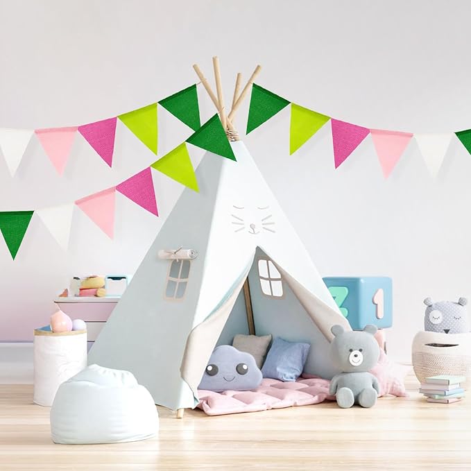 G2PLUS Pre-Strung Burlap Pennant Banners, 39Ft Pink and Green Fabric Triangle Flag Bunting, 36Pcs Pennant Banner Flags Garland for Birthday, Holidays and Theme Party Decorations