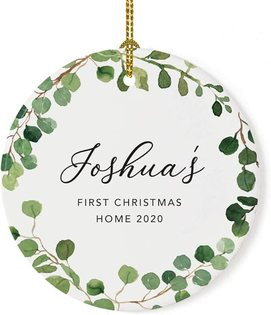 Andaz Press Personalized Round Ceramic Porcelain Christmas Tree Ornament Keepsake Collectible Adoption New Baby Gift, Joshua's First Christmas Home 2025, Farmhouse Eucalyptus Wreath, 1-Packs