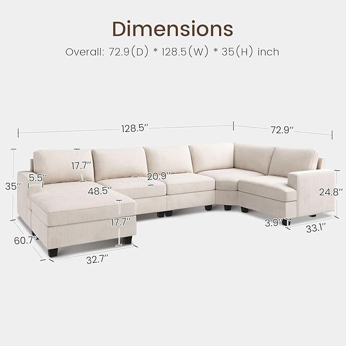 Nolany Sectional Sofa with Storage Ottoman, U Shape Sectional Couch Corduroy Modular Sectional Couches for Living Room, Beige