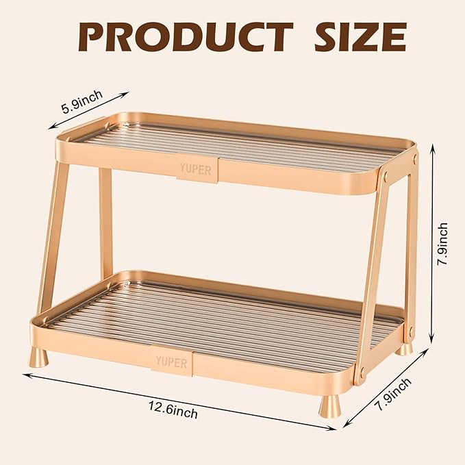 YUPER Bathroom Counter Organizer, 2-Tier Bathroom Organizers and Storage, Large Makeup Storage Shelf Vanity Tray Perfume Organizer, Bedroom Kitchen Corner Counter Storage Sink Shelf Gold