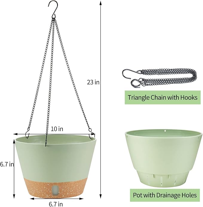 2 Pack Hanging Planters, 10 inch Indoor Outdoor Hanging Plant Pot Basket, Hanging Plastic Flower Pot with Drainage Hole with Removable Tray&Hooks for Hanging Plants,Green