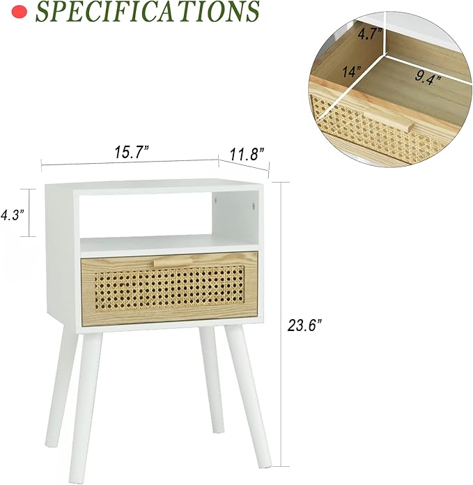 MaxSmeo White Nightstand with Drawer, Mid Century Modern Nightstand, Rattan Side Table, End Table with Storage for Living Room, Bedroom and Small Spaces, Easy Assembly (White)
