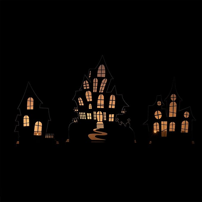 AuldHome Design Spooky Halloween House Village Silhouettes (Set of 3); Scary Haunted House Wood Statue Figurines Centerpiece Set