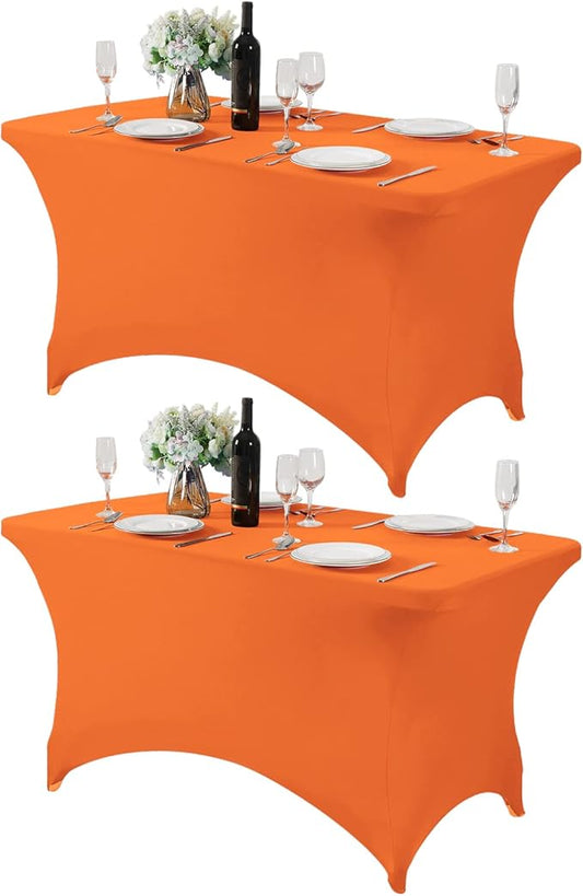 2Pack Spandex Table Cover for 4FT or 6ft or 8ft Table Universal Fitted Stretch Tablecloth for Party, Banquet, Wedding and Events-Orange