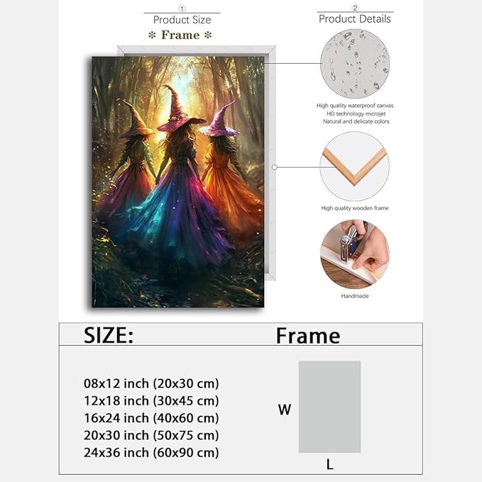 Halloween Room Decor Wall Art Colorful Witch Prints,Vintage Three Colorful Witches in Forest Halloween Posters,Fall Fantasy Aesthetic Pictures Playful Art Wall Decor for Bedroom,8"x12" Framed