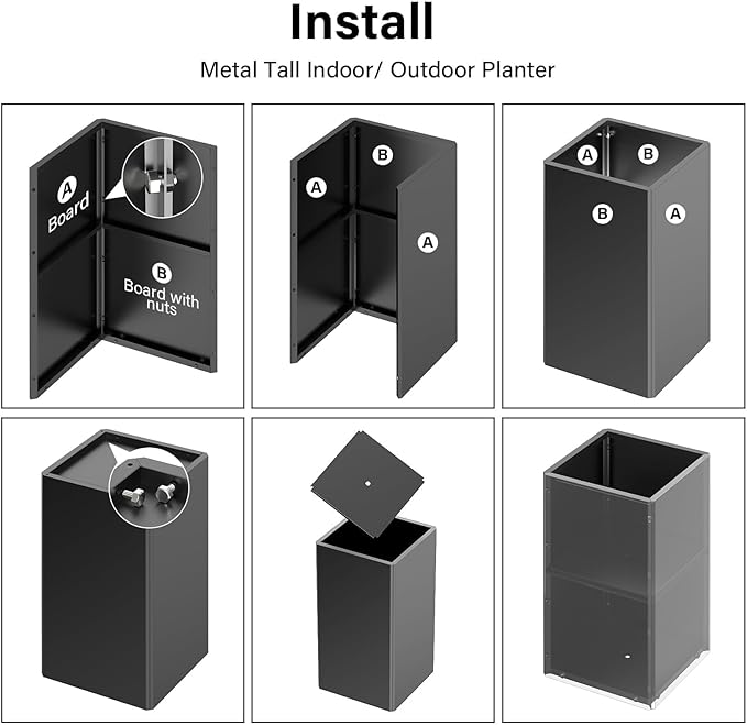 Tall Planters 26 Inch Square Metal Plant Pot with Removable Insert Shelf and Drainage-Modern Tall Black Planters for Indoor & Outdoor-Front Porch,Patio,Garden (14" L X 26" H)