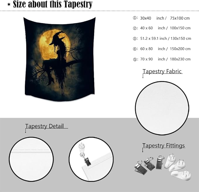 Halloween Witch Tapestry Wall Art Witchcore Moon Aesthetic Print Dark Academia Gothic Tapestries Wall Hanging Horror Ghost Halloween Party Decor for Home Living Room Bedroom 60x80inch