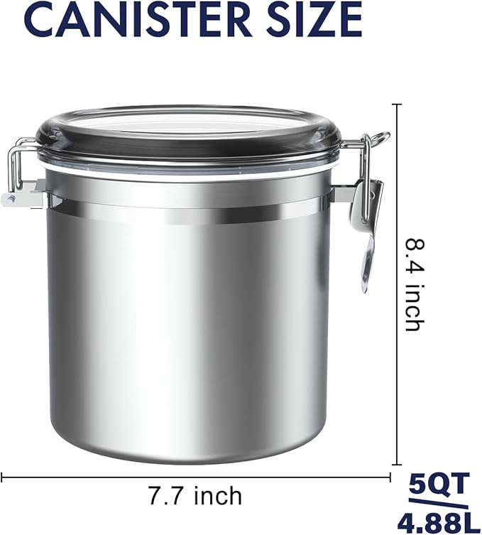ENLOY 165oz Stainless Steel Airtight Canister for Kitchen, Large Flour Coffee Bean Tea Cereal Sugar Cookie Metal Food Storage Canisters with Clear Lid and Sturdy Locking Clamp