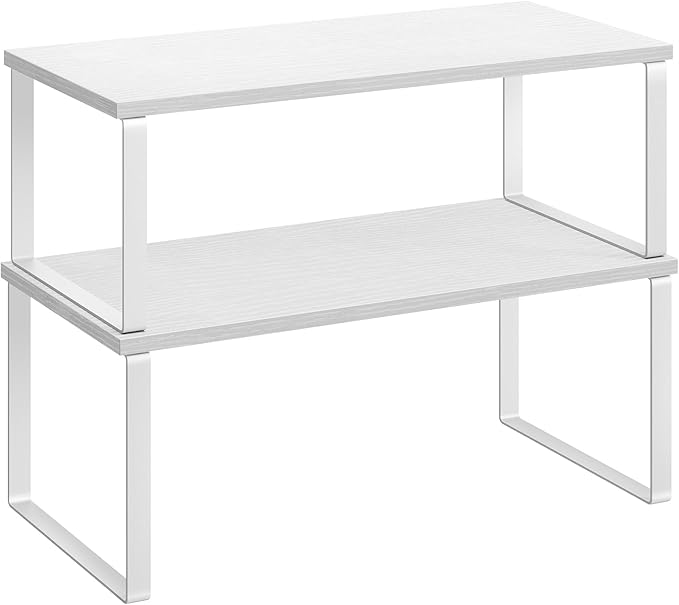 SONGMICS Cabinet Organizer Shelf, Set of 2 Kitchen Counter Shelves, Kitchen Storage, Spice Rack, Stackable, Expandable, Metal and Engineered Wood, Cloud White and Snow White UKCS025W01