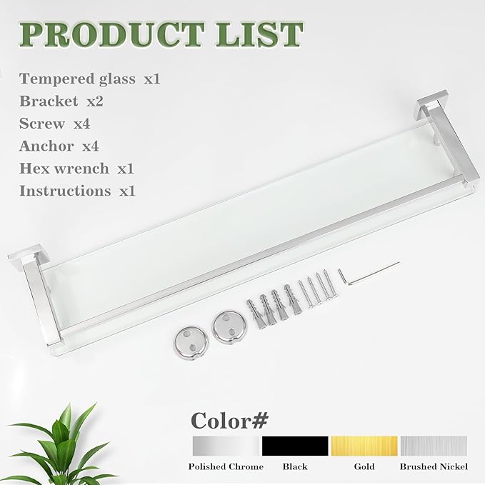 Alise Bathroom Shelf Wall Mounted, Polished Chrome Large Capacity Glass Shelf for Bathroom, 24 inch