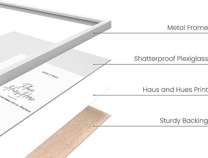 HAUS AND HUES 8.5x11 White Metal Picture Frames - Features Premium Aluminum, Shatterproof Plexiglass - Perfect for Diplomas, Documents, Certificates (8.5x11 in, White, Set of 6)