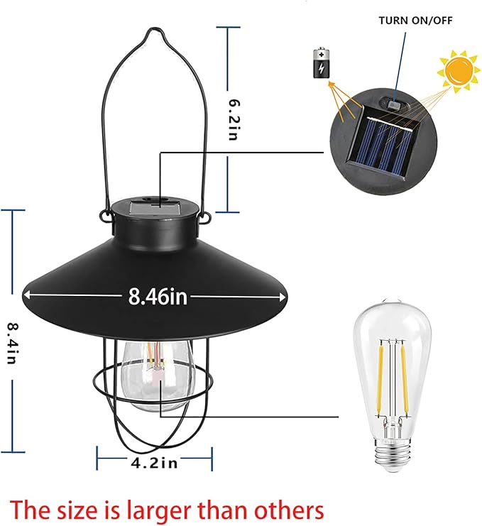 pearlstar Solar Lantern Outdoor Hanging Light Metal Solar Lamp with Warm White Edison Bulb Design for Garden Yard Patio Proch Decor(Black)
