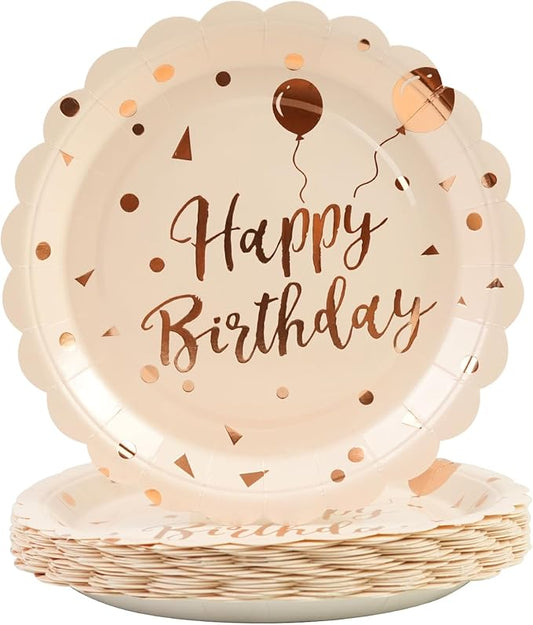 50PCS Pink Rose Birthday Paper Plates - 7 Inch Happy Birthday Cake Plates Scalloped Pink Dessert Plate Disposable Party Tableware Set for Girls Women Birthday's Party Supplies Decorations