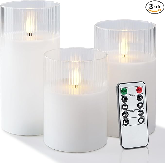 Amagic Glass Flameless Candles with Remote, Battery Operated Candles with Timer, Real Wax LED Pillar Candles with Flickering Flame for Home Wedding Fall Decor, White, Set of 3