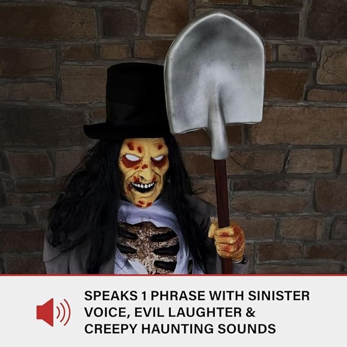 Haunted Hill Farm Motion-Activated Crouching Grave Digger by Tekky, Talking Halloween Animatronic for Indoor or Covered Outdoor Creepy Halloween Decorations, Plug-in or Battery Operated Fright Props