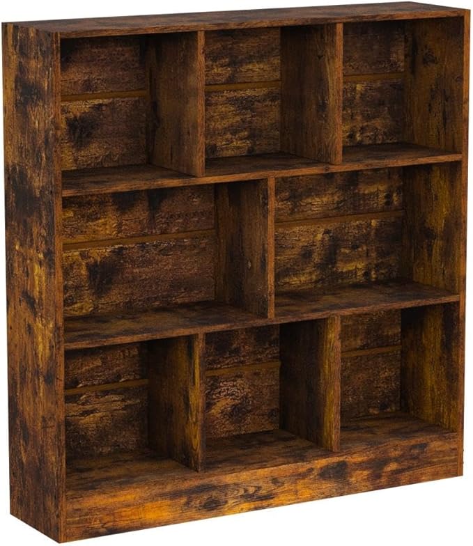 LEYAOYAO 8 Cube Bookshelf with Base,3 Tier Mid-Century Modern Brown Bookcase,Standing Wide Bookshelves Storage Organizer Shelf,Rustic Wood Display Cabinet Book Shelves for Bedroom,Living Room,Office