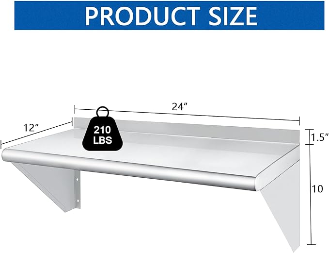 HARDURA Stainless Steel Shelf 12" x 24", 210lb Commercial Shelves Wall Mount Metal Shelving with Backsplash and Brackets for Kitchen, Restaurant, Laundry Room and Home