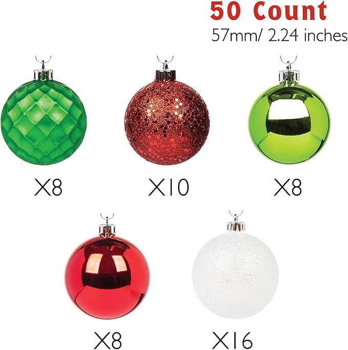Every Day is Christmas Ornaments, Shatterproof Christmas Tree Ornament Set, Christmas Balls Decoration 50 Count (2.24"/57mm, White Red Green)