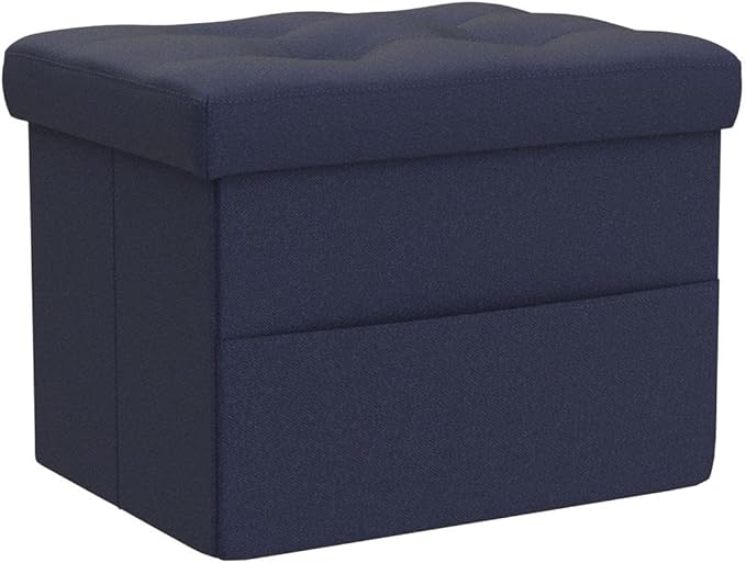 LINMAGCO Storage Ottoman Folding Foot Stool Foot Rest with Side Pocket Modern Ottoman with Storage Short Sofa Stool Linen Cloth 17x13x13(Navy)