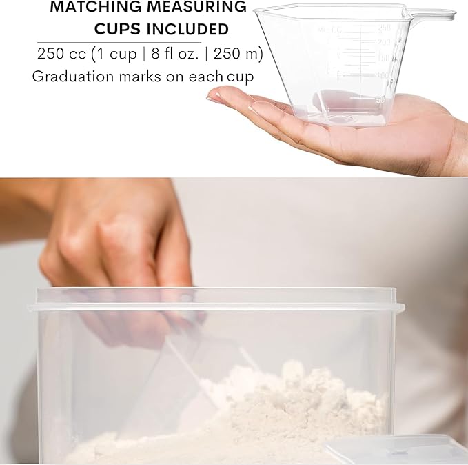 WHITE FEATHER SUPPLIES 4 Pc Flour Sugar Storage Container, Large Food Storage Containers with Lids Airtight for Kitchen, BPA Free Plastic Cereal Containers Storage [2 X 6.5 + 2 X 5.2] 4 Measuring Cup