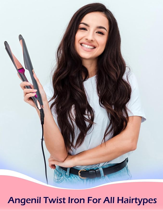 ANGENIL Pro Twist Ceramic Flat Iron 1 Inch, Dual Voltage Hair Straightener and Curler 2 in 1, Multi-Stylers Round Flat Iron Hair Curling Iron, Fast Heating LCD Display, 11 Adjustable Temp (250℉-450 ℉)