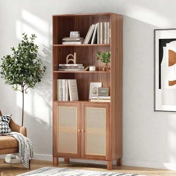 Tall Bookshelf, 5-Tier Book Shelf with 2 Rattan Doors, Freestanding Bookcase Display Shelves with Large Storage, Book Case for Living Room, Office, Study, Bedroom, 70.9 Inch