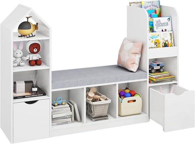 Vabches Kids Bookcase and Bookshelf with Reading Nook, Multifunctional Bookcase with 7 Storage Cubbies 2 Movable Drawers, Bookcases with Seat Cushion for Toy Storage Organizer Children's Room, Bedroom