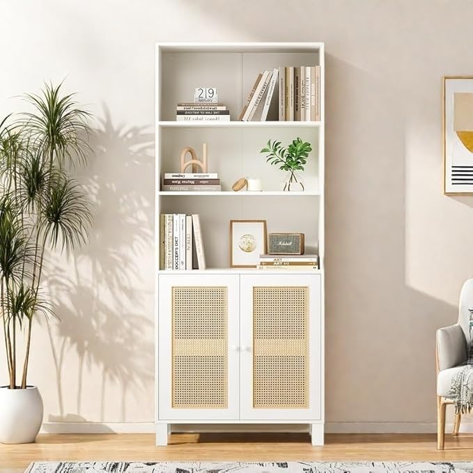 Tall Bookshelf, 5-Tier Book Shelf with 2 Rattan Doors, Freestanding Bookcase Display Shelves with Large Storage, Book Case for Living Room, Office, Study, Bedroom, 70.9 Inch