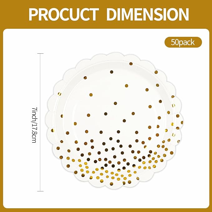 50PCS White and Gold Paper Plates, 7 Inch White Scalloped Party Plates Disposable Dessert Plate Cake Plate for Wedding Engagement Baby Shower Birthday Dinner